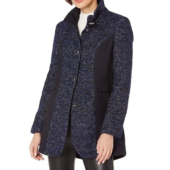 Kensie Wool Tweed Coat Navy Blue Colorblock Button-Up Medium - Picture 1 of 16